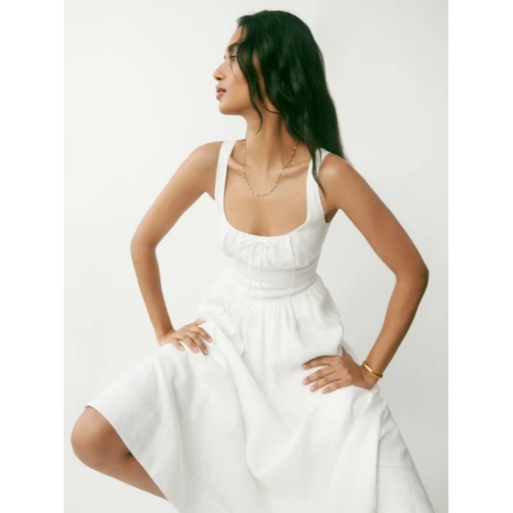 Reformation Balia Linen Dress in White Sleeveless Midi